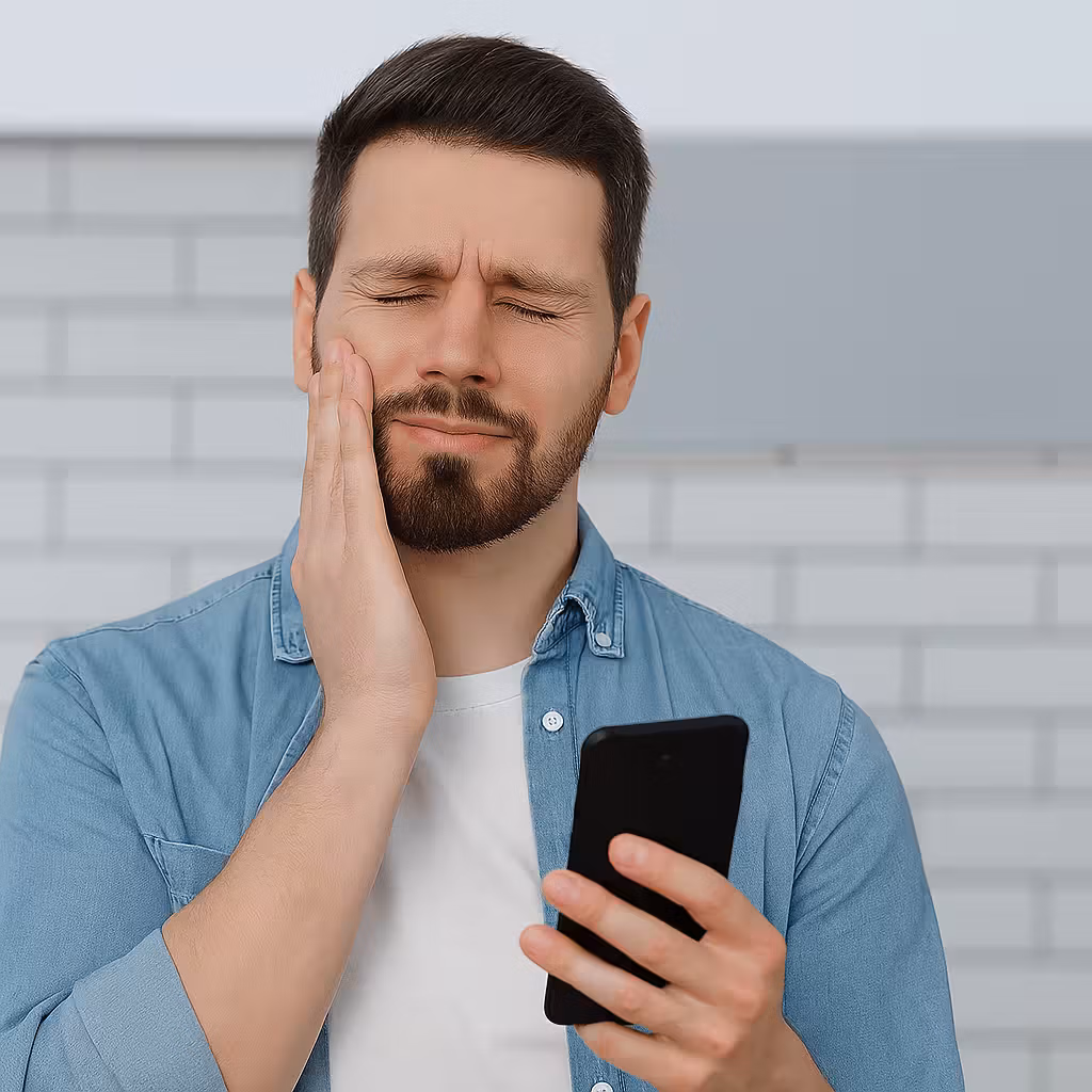Man experiencing dental pain while using phone